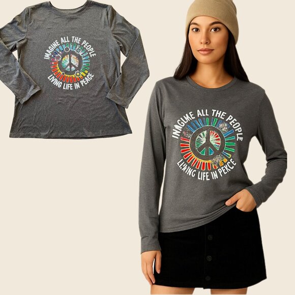 Imagine Peace Long Sleeve Top Size XL Gray Retro Musiccore Style - Picture 1 of 11